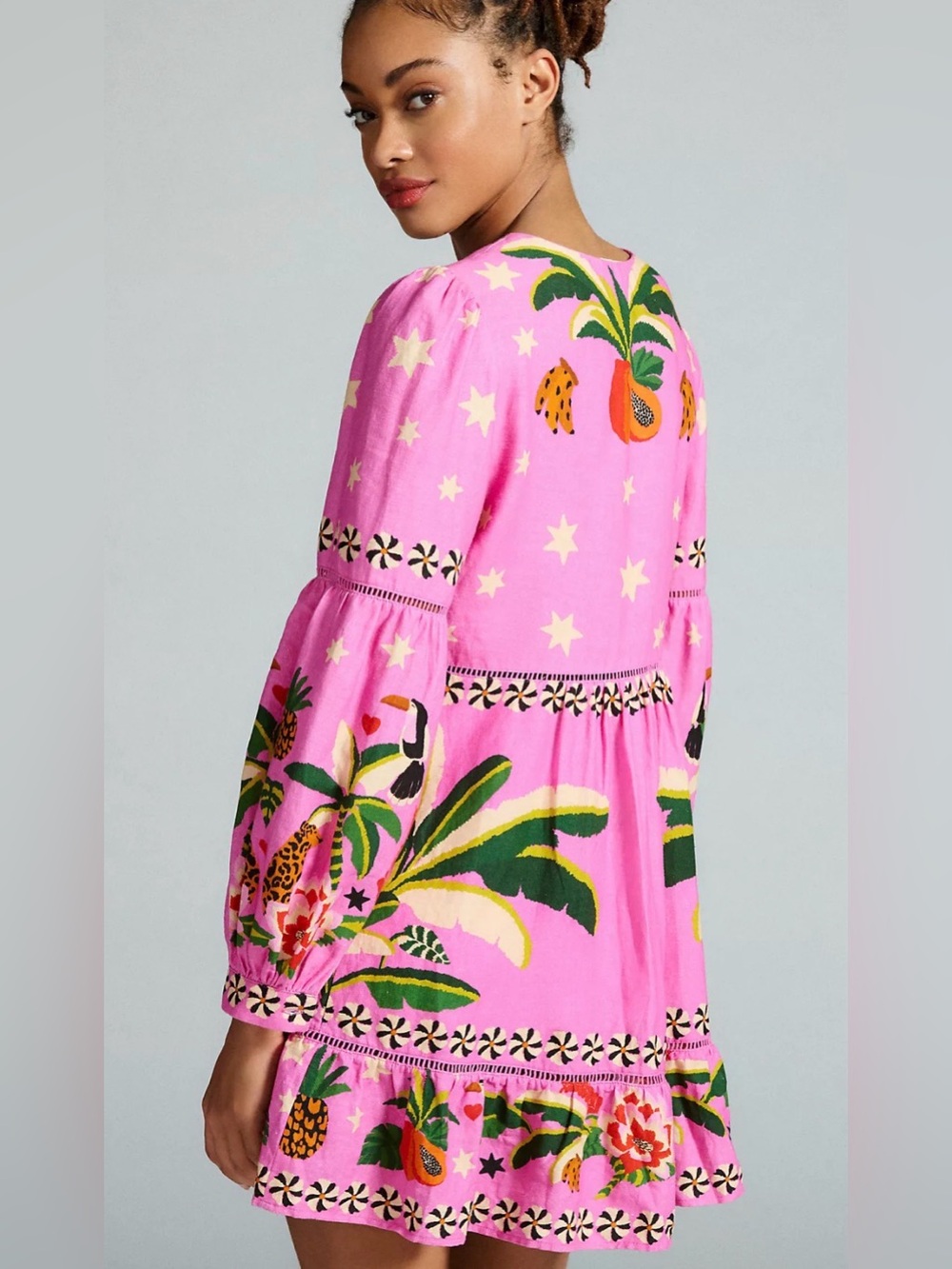 Farm Rio Leopard Forest Mini Dress Pink Linen Blend Beaded Tassels Medium M - Picture 2 of 10